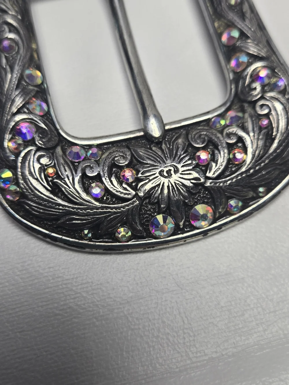Ariat Silver Floral Western Belt Buckle with Pink/Iridescent Crystals